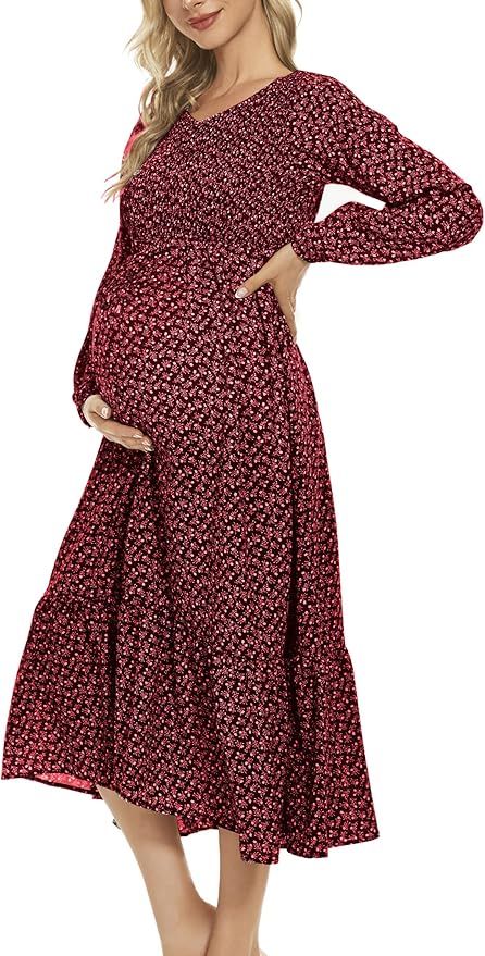 guruixu Floral Print V Neck Smocked Maternity Dress for Baby Shower Photoshoot, Long Sleeve Boho ... | Amazon (US)