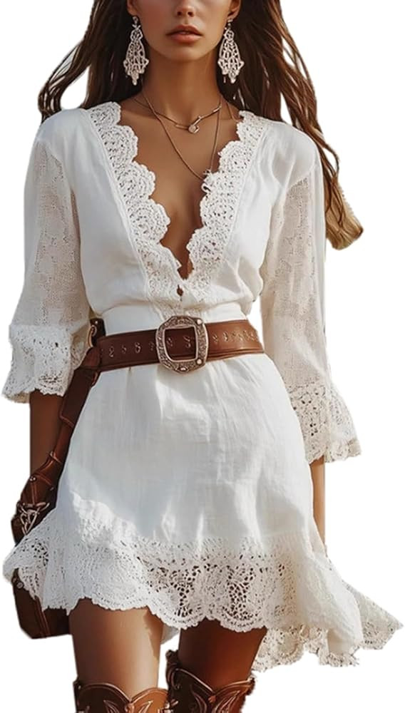 cffvdiz Women's Sexy Deep V-Neck Western Dress Short Sleeves Lace Asymmetrical Hem Short Summer D... | Amazon (US)