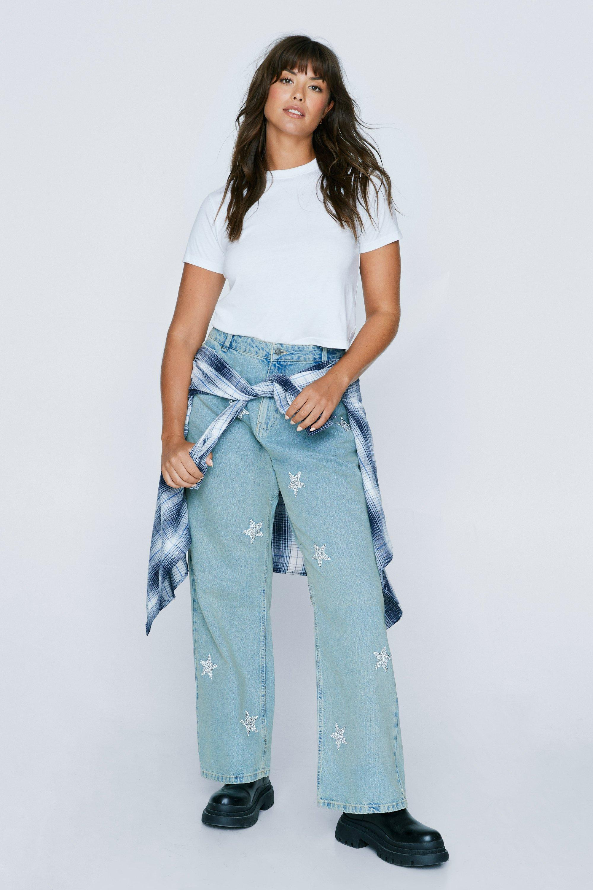 Womens Plus Size Star Embellished Straight Jeans - Light Wash - 14 | Nasty Gal (US)