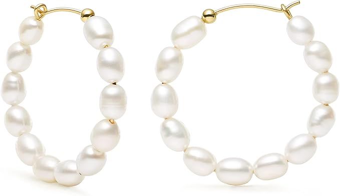 Pearl Hoop Earrings for Women 14K Gold Filled White Small Freshwater Cultured Real Pearl Hoop Ear... | Amazon (US)