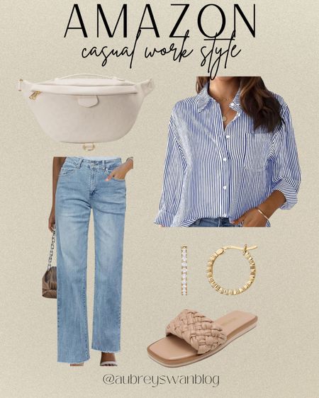 Casual work style from Amazon! 

Button down shirt, light wash jeans, neutral slides, hoop earrings, crossbody white bag, Amazon style