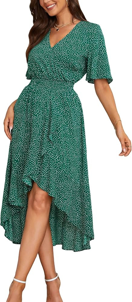 Kormei Womens Short Sleeve Floral High Low V-Neck Flowy Party Long Maxi Dress | Amazon (US)