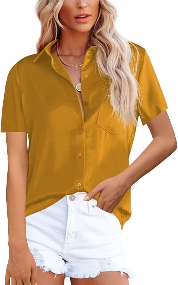 Diosun Womens Button Down Shirts V Neck Satin Casual Long/Short Sleeve Plain Blouses Office Work ... | Amazon (US)