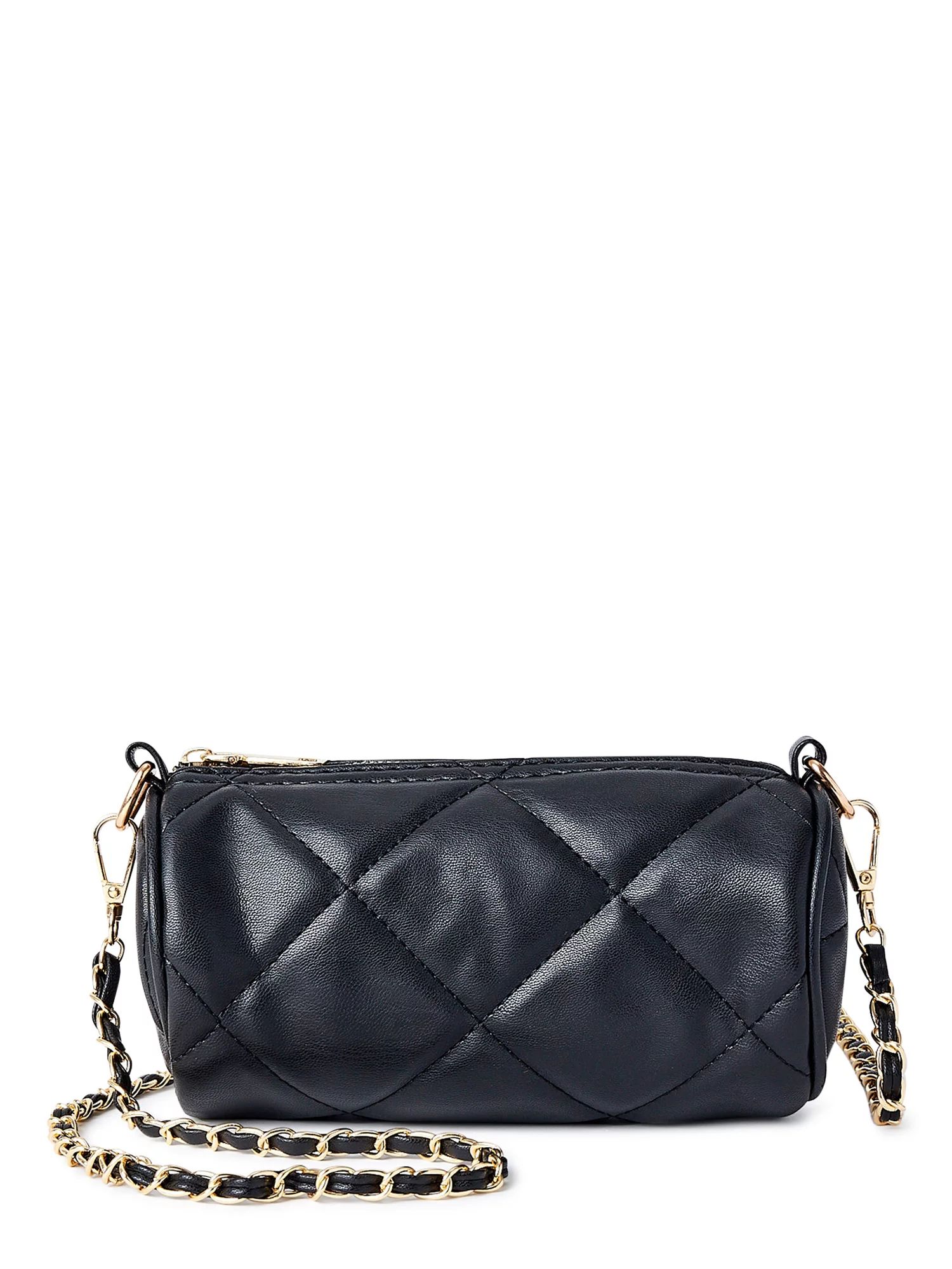 Jane & Berry Women's Small Quilted Faux Leather Barrel Bag with Gold-Tone Chain Strap, Black | Walmart (US)