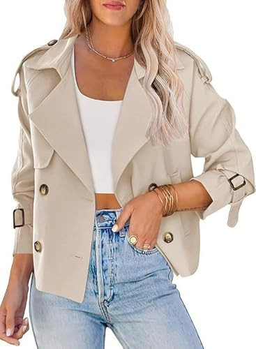 utcoco Women's Cropped Trench Coat Double-Breasted Short Trench Jacket Notch Long Sleeve Fall Outfit (Medium, Beige) | Amazon (US)