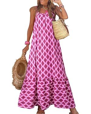 Dokotoo Women Summer Dresses 2024 Spaghetti Strap Scoop Neck Smocked Ruffle Flowy Boho Maxi Dress | Amazon (US)