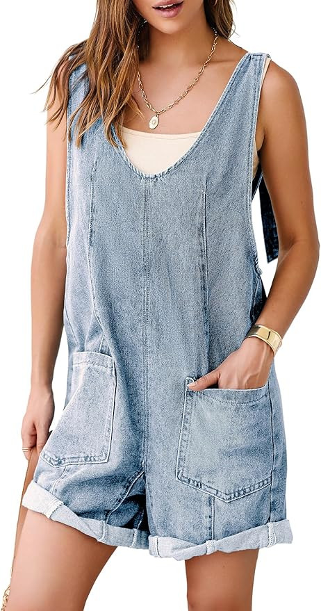 Simplee Womens Denim Romper 2025 Sleeveless Casual Jean Outfits V Neck High Roller Overall Shorts... | Amazon (US)