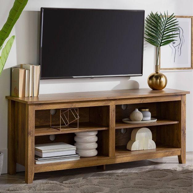 Farmhouse 4 Cubby Wood Open Storage TV Stand for TVs up to 65" - Saracina Home | Target