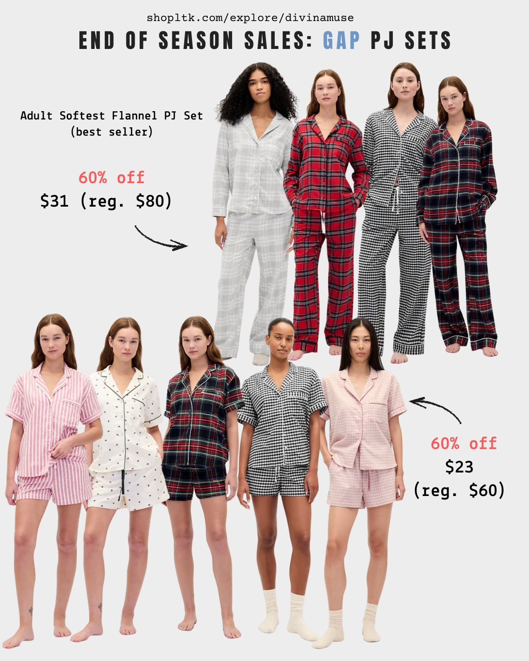 end of season sale: GAP PJ sets. Long sleeve and bottom loungewear PJ sets and the short sleeve, shorts PJ versions. Best time to buy these sets. Comes in many colors and patterns. My favourites are the light grey plaid, black and white checkered set, and the light pink short Pajama/pyjama set. #PJsets #familyPJs #softpjs #loungewear  

 #LTKGiftGuide #LTKSaleAlert #LTKFindsUnder50