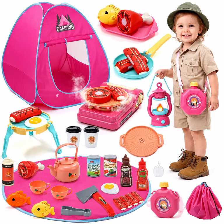 JoyStone 32PCS Kids Camping Playset with Tent and Picnic Mat, Pink Pretend Camping Set with Mist ... | Walmart (US)