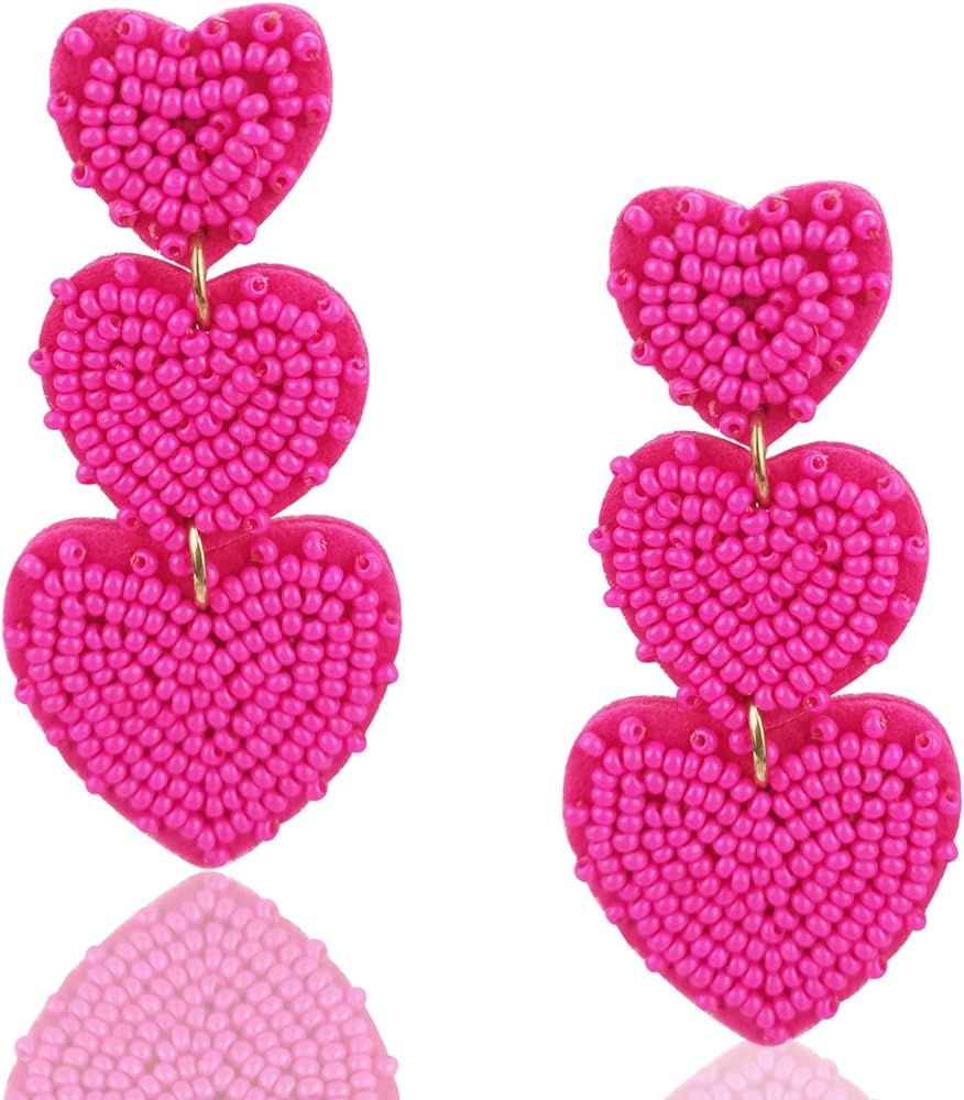 Statement Drop Earrings - Bohemian Beaded Big Heart Dangle Earrings Gift for Women | Amazon (US)