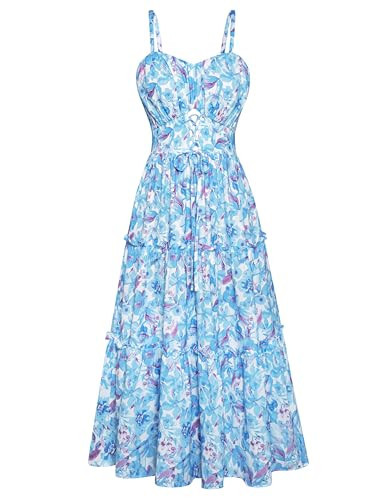 Summer Dresses for Women 2025 Floral Maxi Spaghetti Strap Dress Beach Boho Vacation Sundress Blue Floral S | Amazon (US)