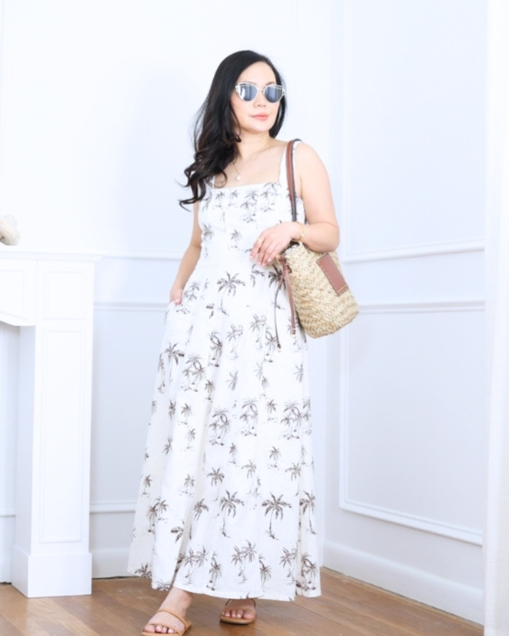 Palm linen maxi dress from LOFT paired with a straw bag and flats from Amazon — breezy, relaxed, and effortlessly perfect for sunny days out. I'm 5'2, wearing size S. 

 #LTKootd #LTKOver40 #LTKPetite