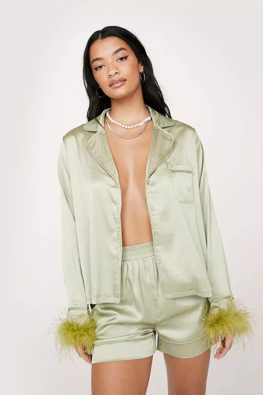 Satin Feather Pajama Shirt and Shorts Set | Nasty Gal (US)