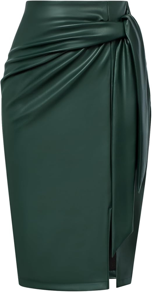 Kate Kasin Faux Leather Skirts for Women Elastic High Waisted Tie Waist Knee Length Stretch Bodyc... | Amazon (US)