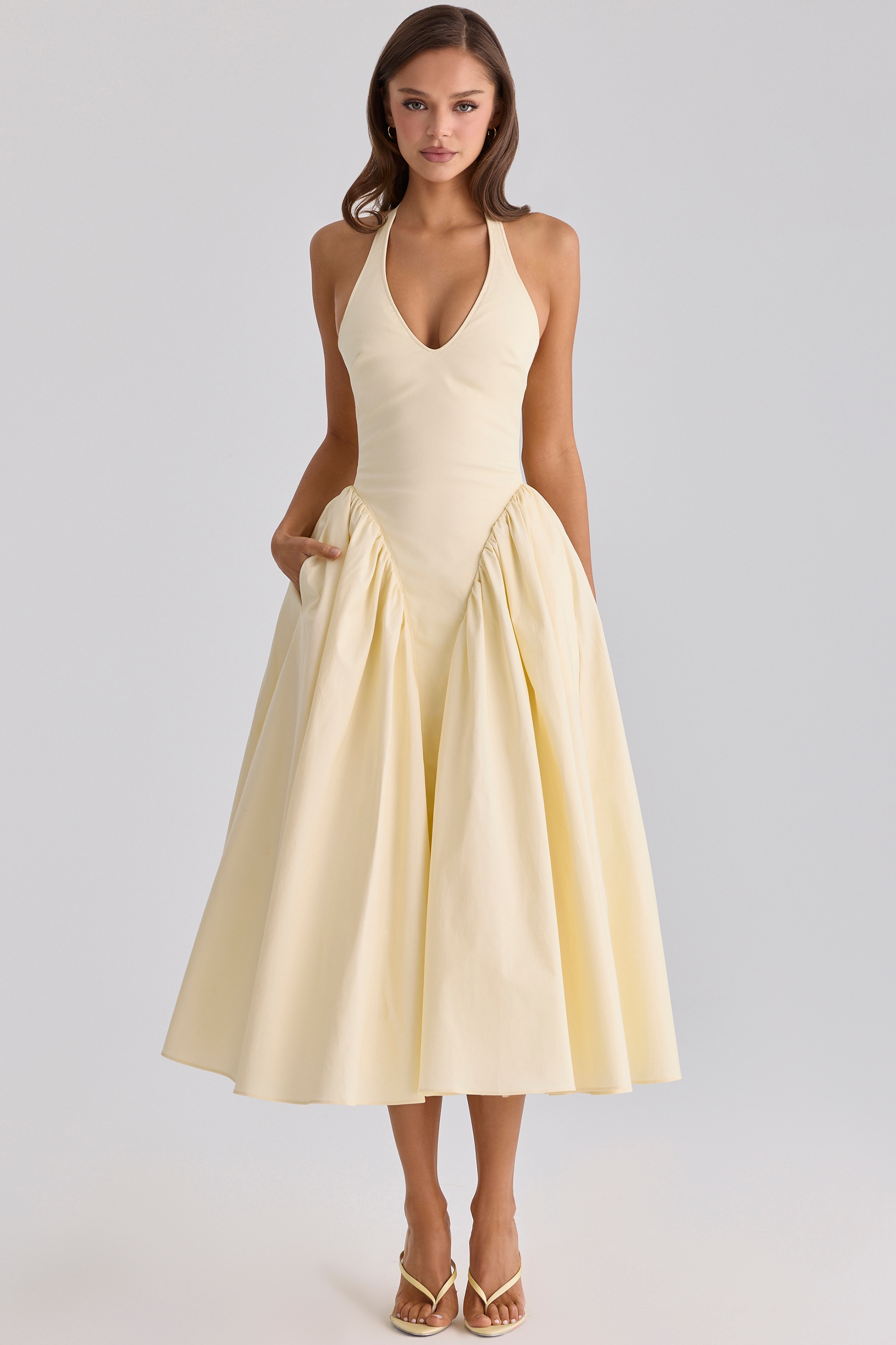 lemon cotton halter neck midi sundress | House of CB