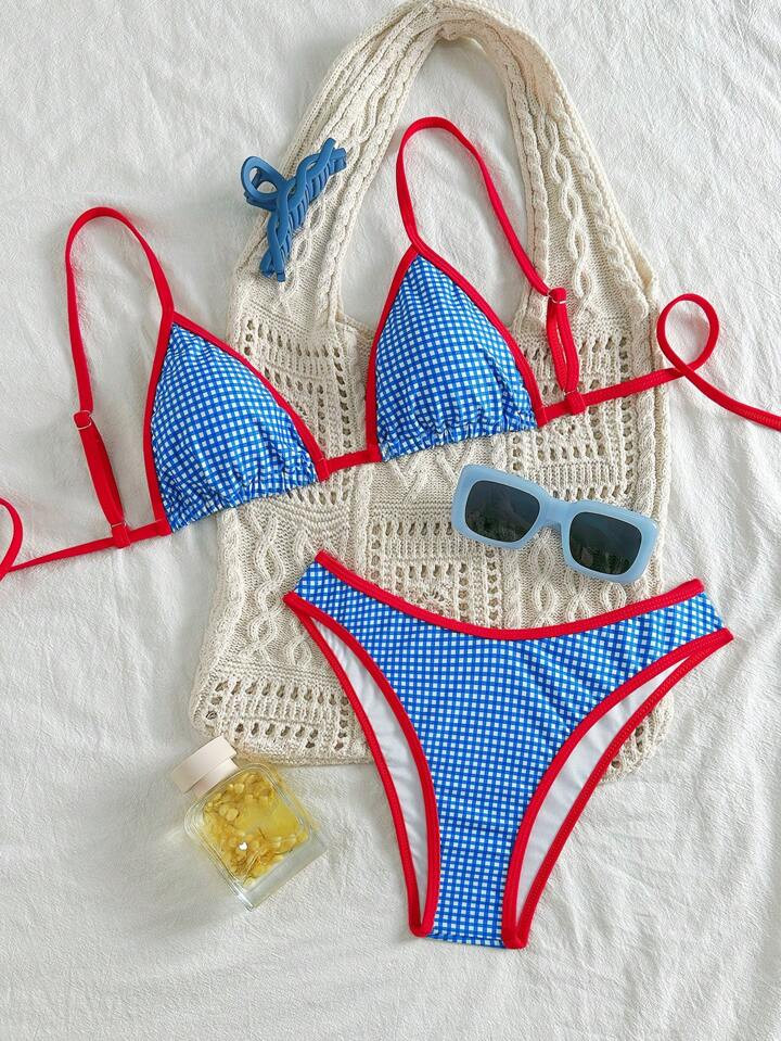 Swim Mod 2pcs/Set Springbreak Checkered Print Contrast Trim Triangle Top And High Cut Swim Shorts Cute Bikini Set, Summer | SHEIN