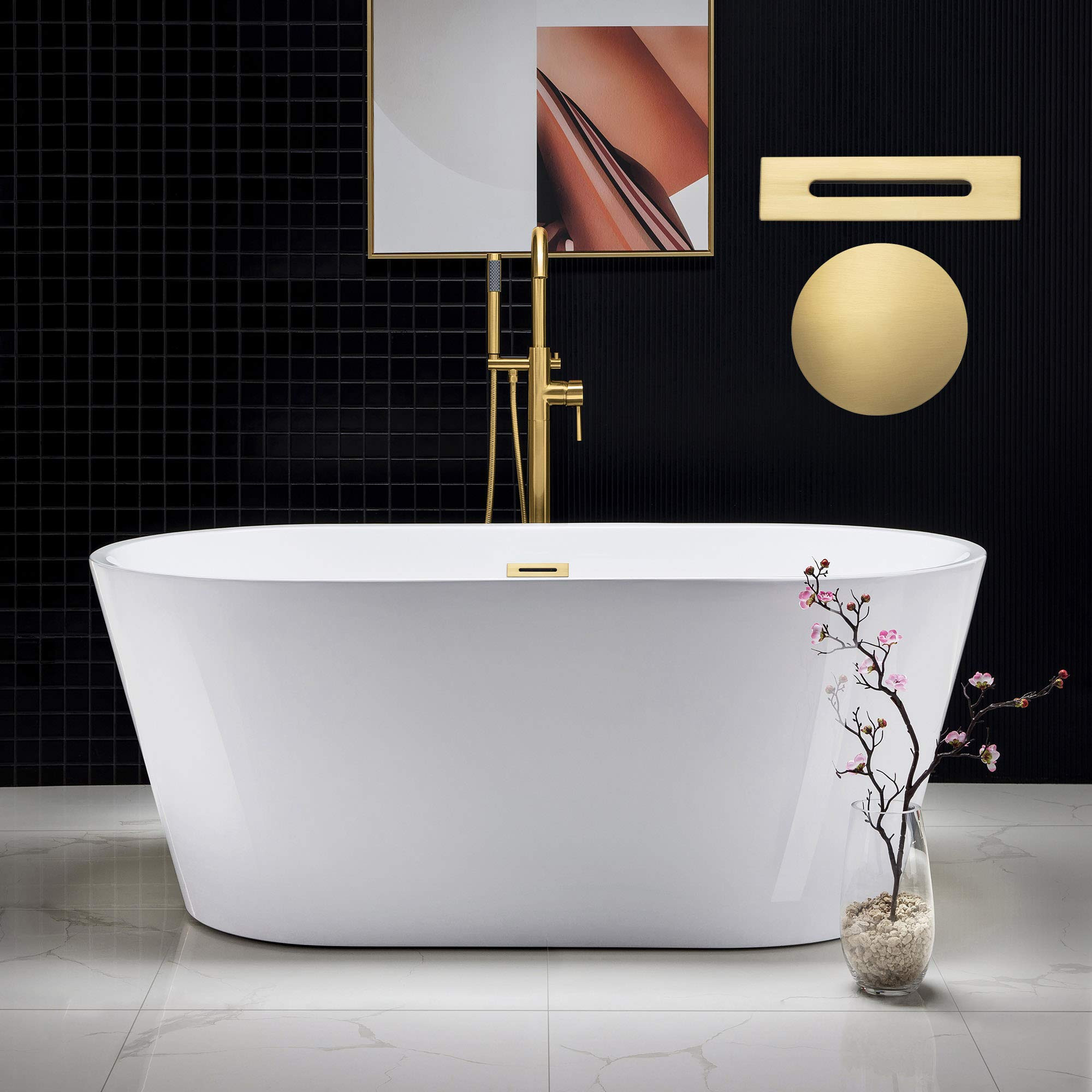 WOODBRIDGE 59" Freestanding White Acylic Soaking Bathtub with Brushed Gold Drain and Overflow, BT... | Amazon (US)