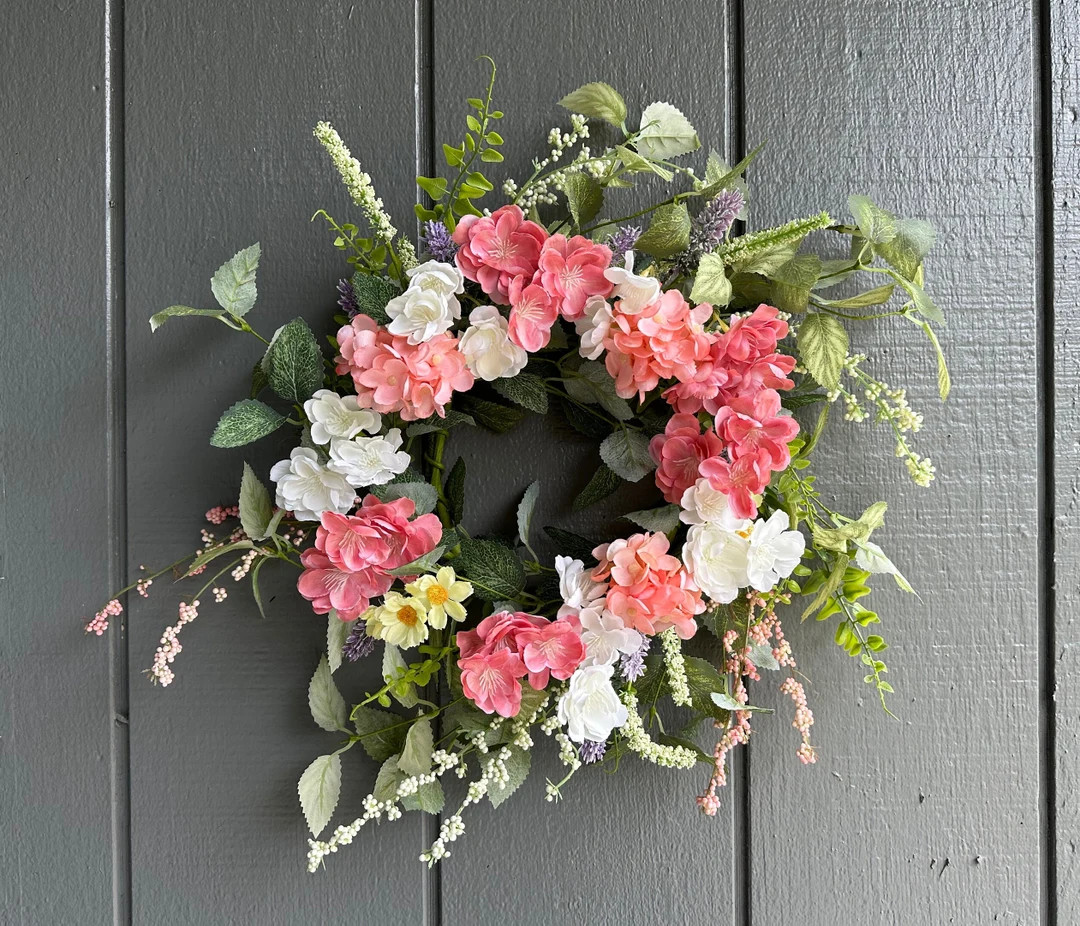 16" Pink Hydrangea Wreath for Front Door | Spring Lavender Wreath | Pink Floral Wreath |  | Hydra... | Etsy (US)