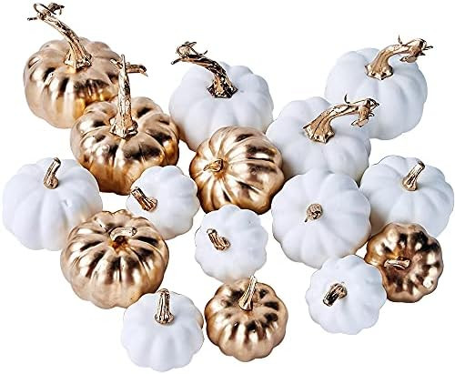 Artmag 16 Pcs Assorted Fall Artificial Pumpkins Harvest White Faux Pumpkins and Gold Plating Pump... | Amazon (US)
