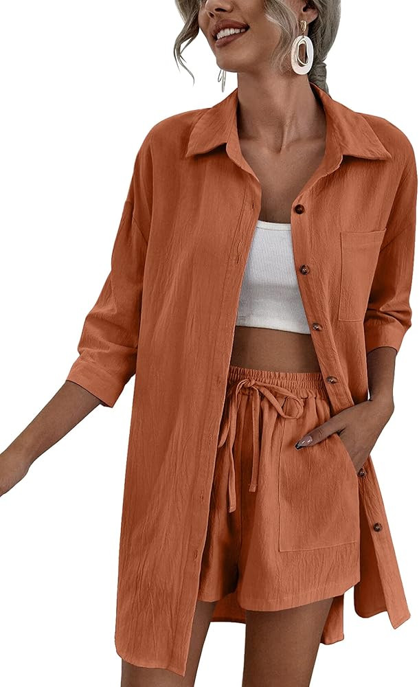 Zeagoo Women’s 2 Piece Lounge Tracksuit Outfit Sets Cotton Linen High Low Shirt and Drawstring ... | Amazon (US)