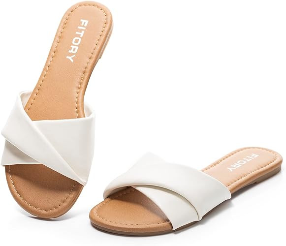 FITORY Women's Flat Sandals Fashion Slides With Soft Leather Slippers for Summer Size 6-11 | Amazon (US)
