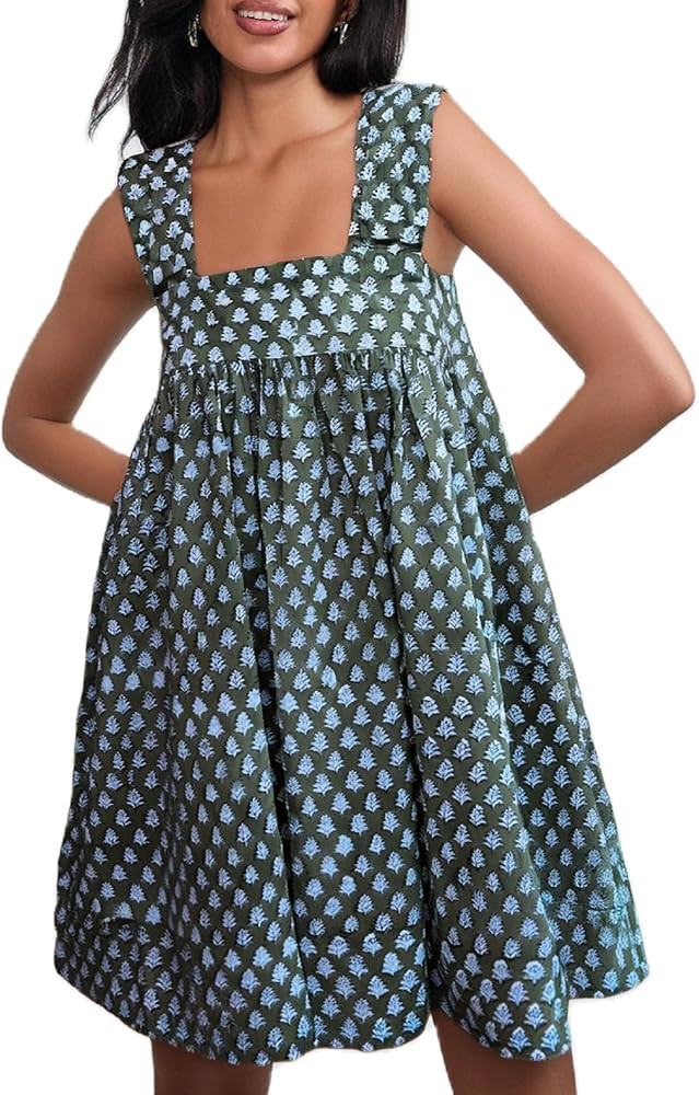 Women Floral Tie Shoulder Mini Dress Cute Square Neck Loose Fit Beach Short Dress Backless Boho V... | Amazon (US)