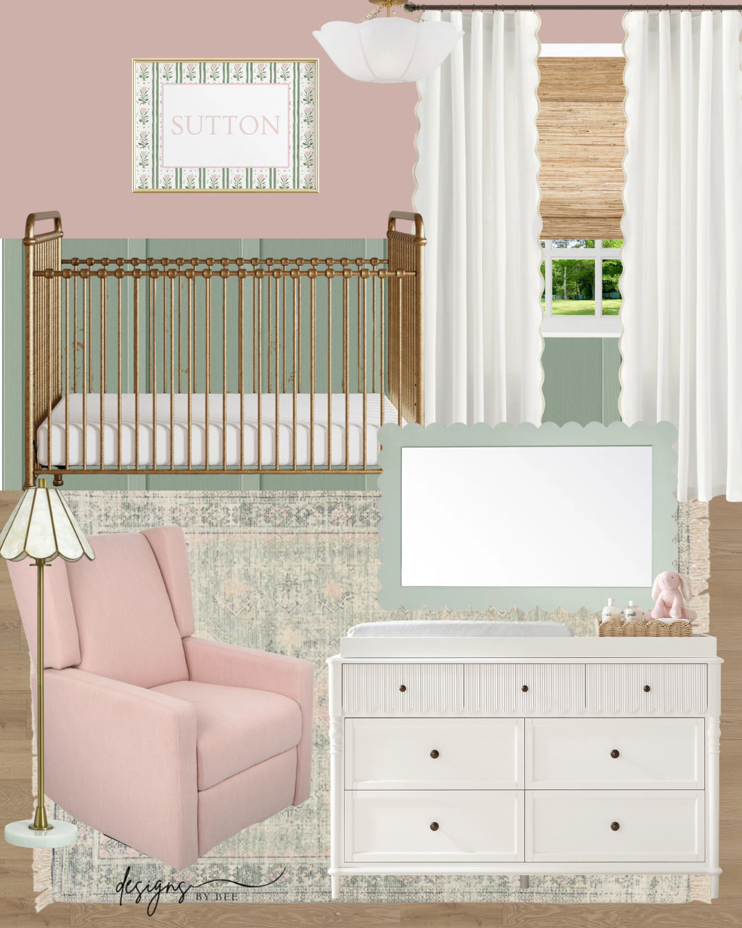 Modern Traditional, Vintage-Inspired Nursery, Grandmillennial Baby, Cottagecore Nursery, Heirloom Nursery, Classic Baby Room, Serene Nursery Design, Sage Green and Pink, Soft Pastels, Muted Nursery Colors, Blush Pink Decor, Cream and Green, Brass Accents, Scalloped Dresser, Scalloped Mirror, Scalloped Rug, Spindle Crib, Gold Metal Crib, Beadboard Wainscoting, Pink Glider Chair, Cream Nursery Glider, Rattan Floor Lamp, Vintage Style Rug, Scalloped Curtains, Nursery Wall Art, Nursery Mood Board, Baby Girl Nursery, Gender Neutral Nursery, Nursery Inspo, Nursery Decor Ideas, Baby Room Design, Interior Design For Kids 

 #LTKmomlife #LTKHome #LTKBaby