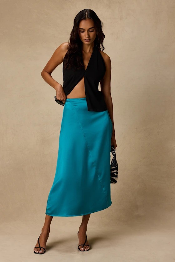 Ramona Teal Satin Midi Skirt | Lulus