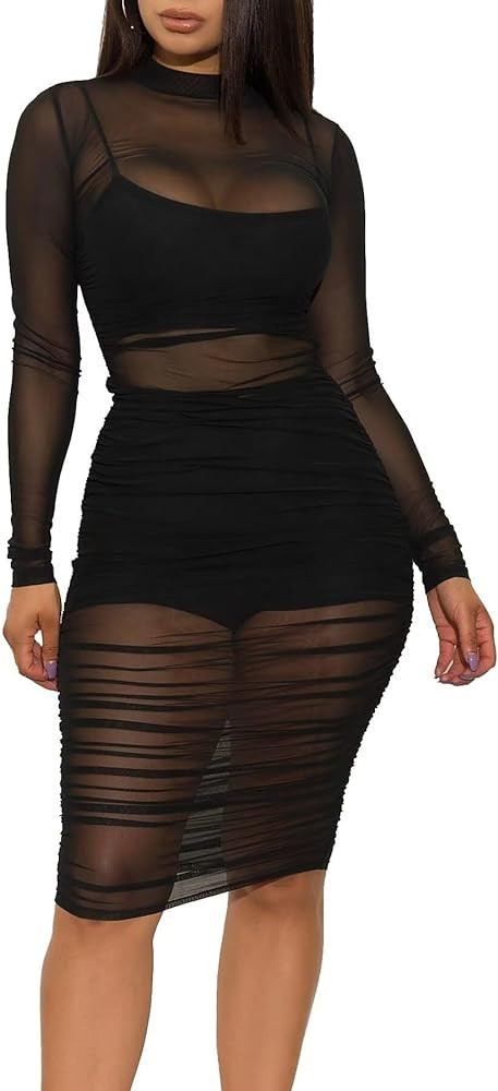 Women 3 Piece Outfits Sexy Crop Top Short Set Mesh See-Through Ruched Bodycon Midi Dress Clubwear | Amazon (US)