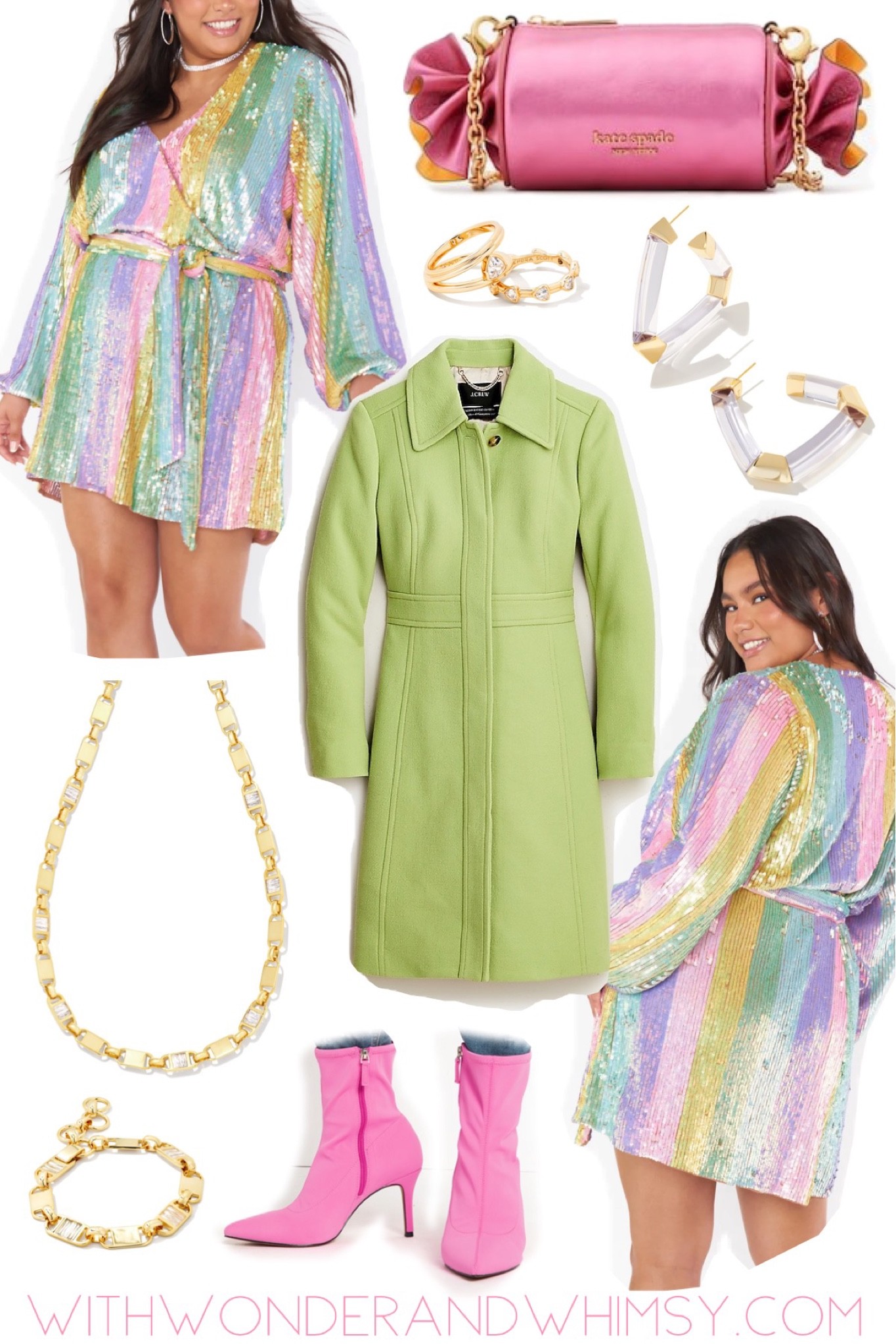 Holiday party outfit idea featuring a Show Me Your Mumu sequin dress, like green winter coat, Kendra Scott jewelry, Kate Spade handbag, and pink wide fit ELOQUII boots.🍬


#LTKHoliday #LTKitbag #LTKcurves