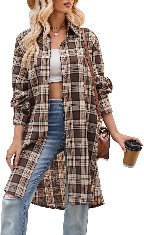 Womens Casual Long Flannel Plaid Shirts Fall Fashion Long Sleeve Boyfriend Coats Jackets with Poc... | Amazon (US)