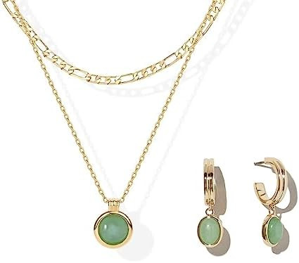 DISTANT DRUMS Simple Natural Green Aventurine Stone Jewelry Set for Women,Hoop Earrings,Bracelet,... | Amazon (US)
