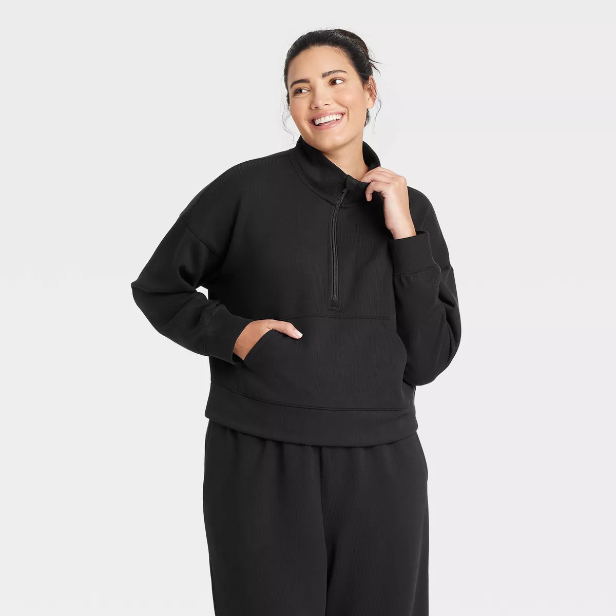Women's Airy Sleek Ribbed 1/2 Zip Pullover Sweatshirt - All In Motion™ Black M | Target
