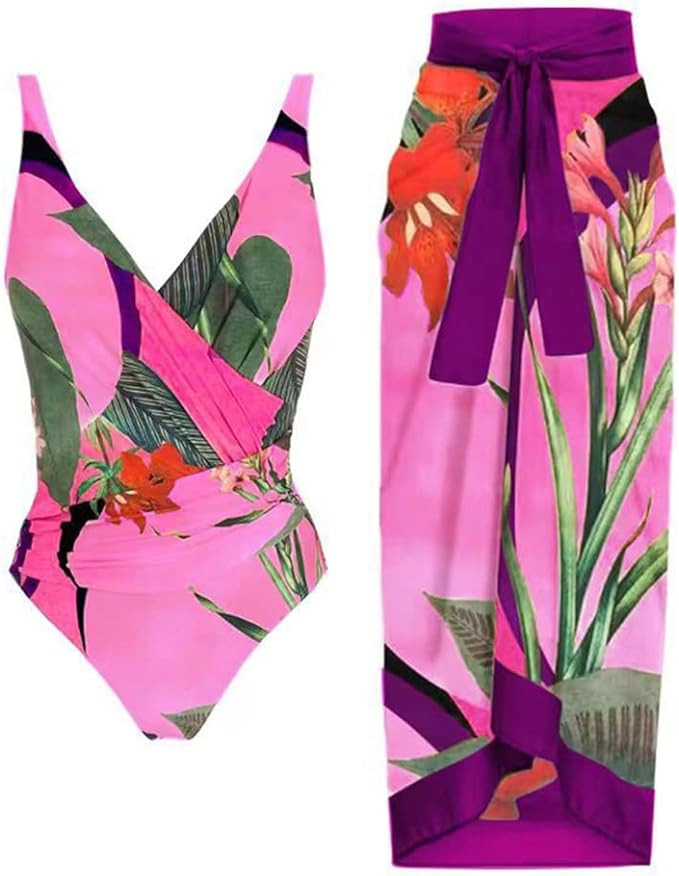 Womens One Piece Floral Bathing Suit with Beach Cover up Wrap Skirt Two Piece Tummy Control Monok... | Amazon (US)