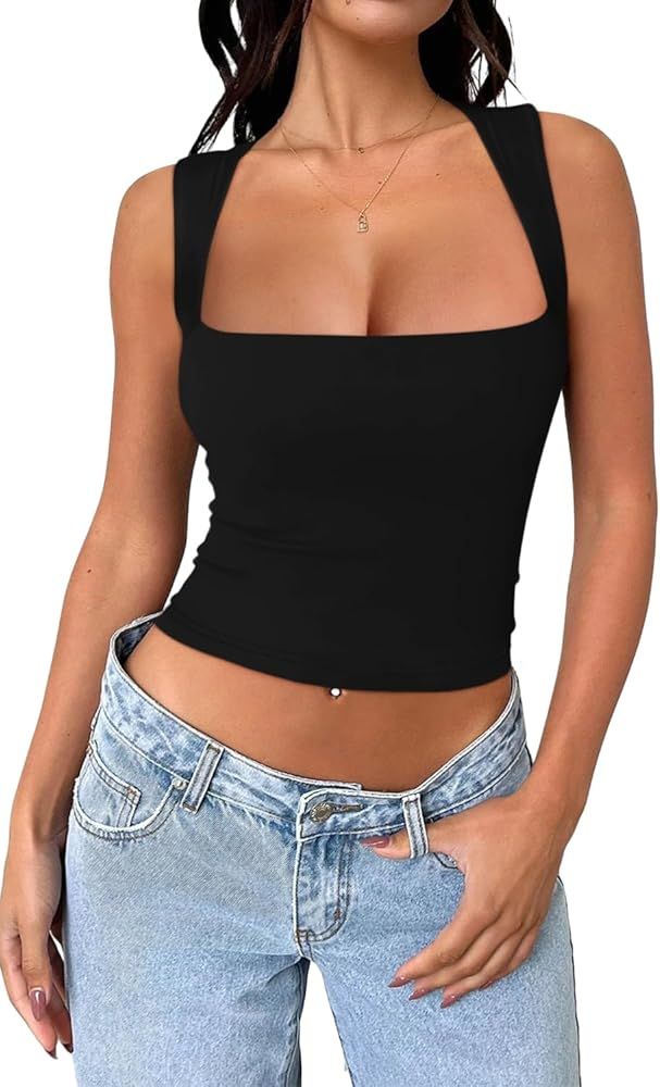 REORIA Women's Square Neck Going Out Crop Tops Double Lined Cute Basic Tank Tops 2024 Trendy Clot... | Amazon (US)