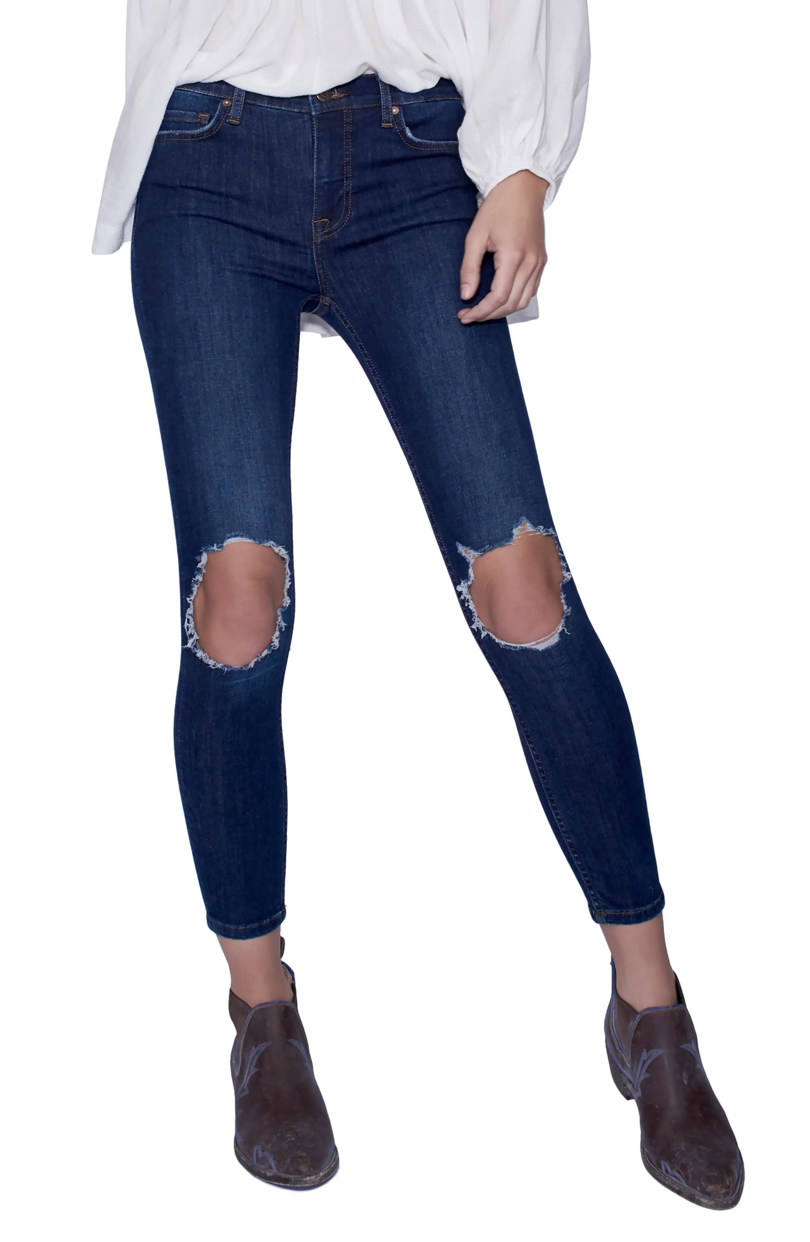 Women's We The Free By Free People High Rise Busted Knee Skinny Jeans, Size 30 - Blue | Nordstrom