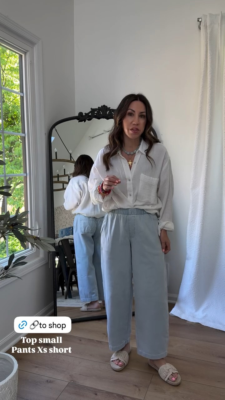 Small white gauze, button-down shirt. Barrel pants XS short.

#LTKOver40 #LTKSaleAlert #LTKPetite