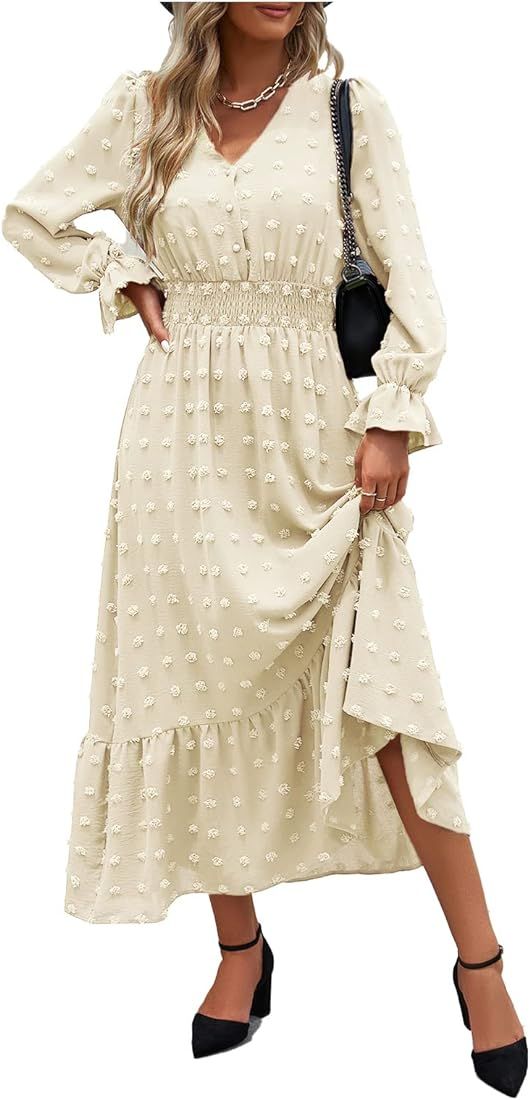 MASCOMODA Women Boho Maxi Dress Long Sleeve V Neck Swiss Dot Smocked High Waisted Button A-Line Ruff | Amazon (US)