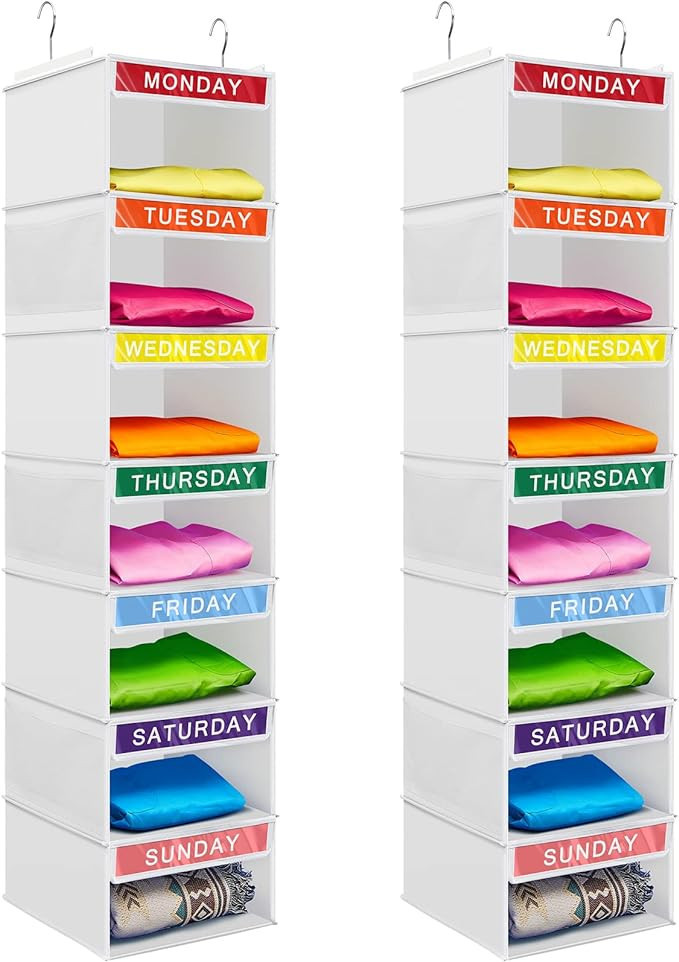 Amylove 2 Pcs 7 Shelf Weekly Hanging Closet Organizer 11.8 x 11.8 x 50 Inches Daily Activity Kids... | Amazon (US)