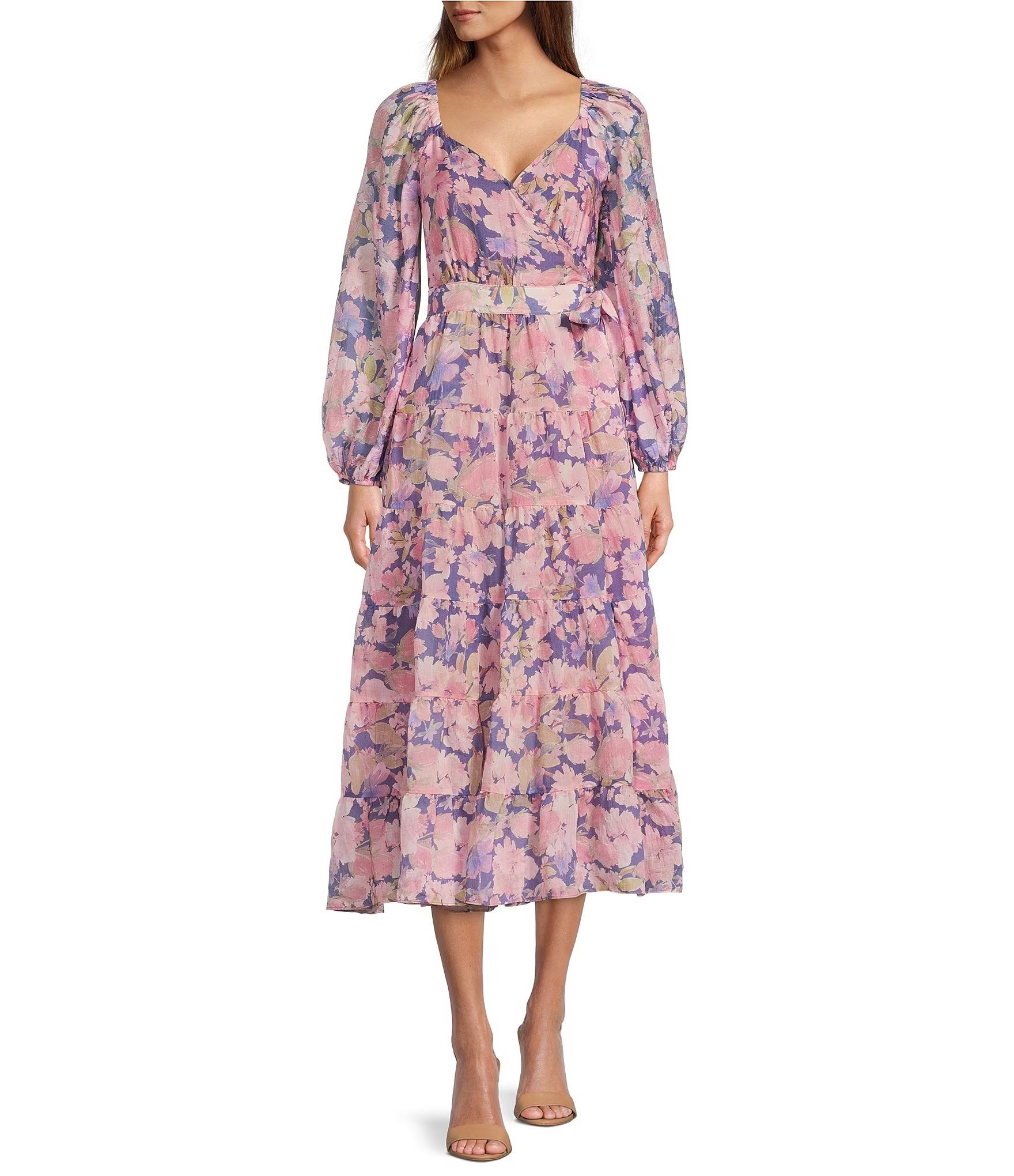 Jannika Floral Print V-Neck Long Sleeve Wrap Tie Midi Dress | Dillard's