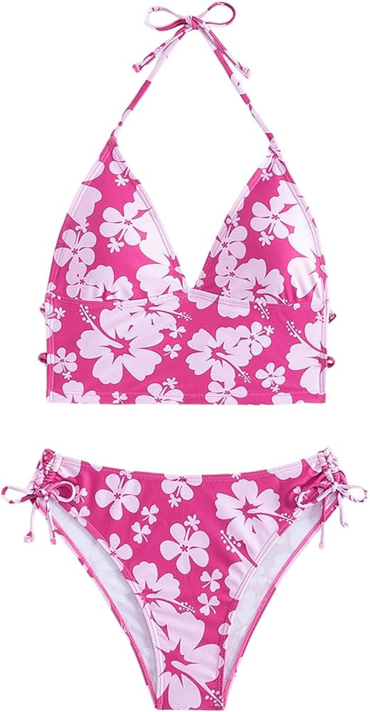 Floerns Women's 2 Piece Floral Print Halter Tie Back Crop Top and Bottoms Bikini Set | Amazon (US)