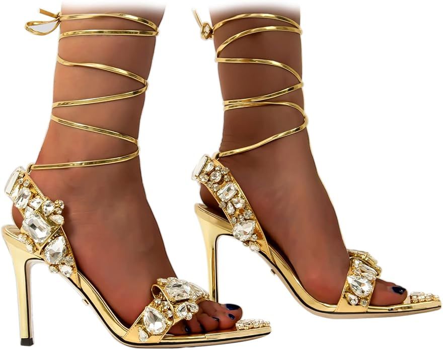 XOBZJH Strappy Pointed open toe Sexy Sandals Stiletto, Designer Rhinestone Formal Dress Clear Hee... | Amazon (US)