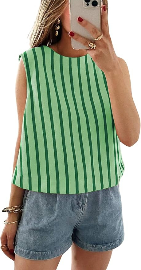 Xiaoxuemeng Womens Striped Top Sleeveless Cotton Tank Top Crewneck Casual Summer Vests | Amazon (US)