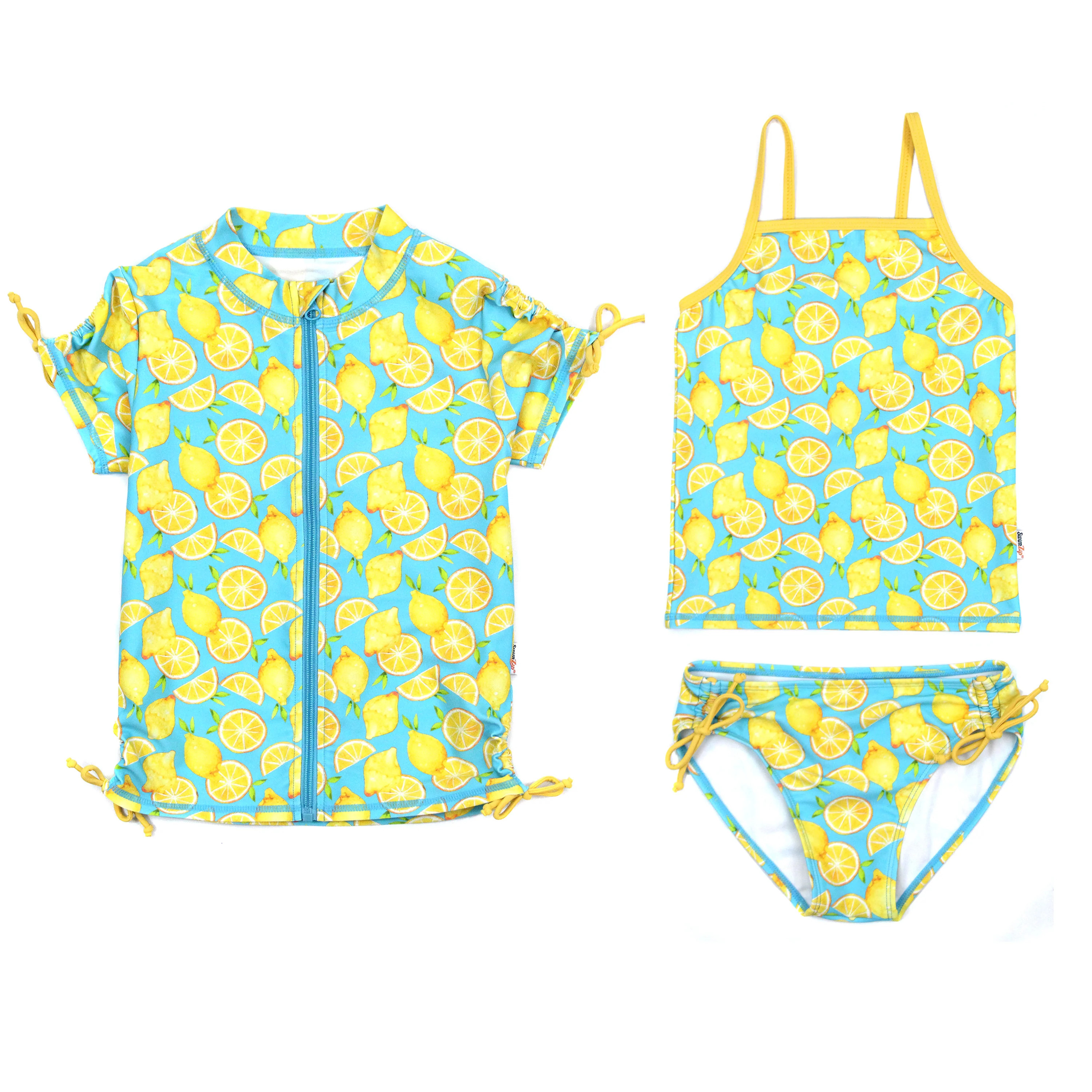 Girls Short Sleeve Rash Guard + Tankini Bikini Set (3 Piece) | "Lemons” | SwimZip