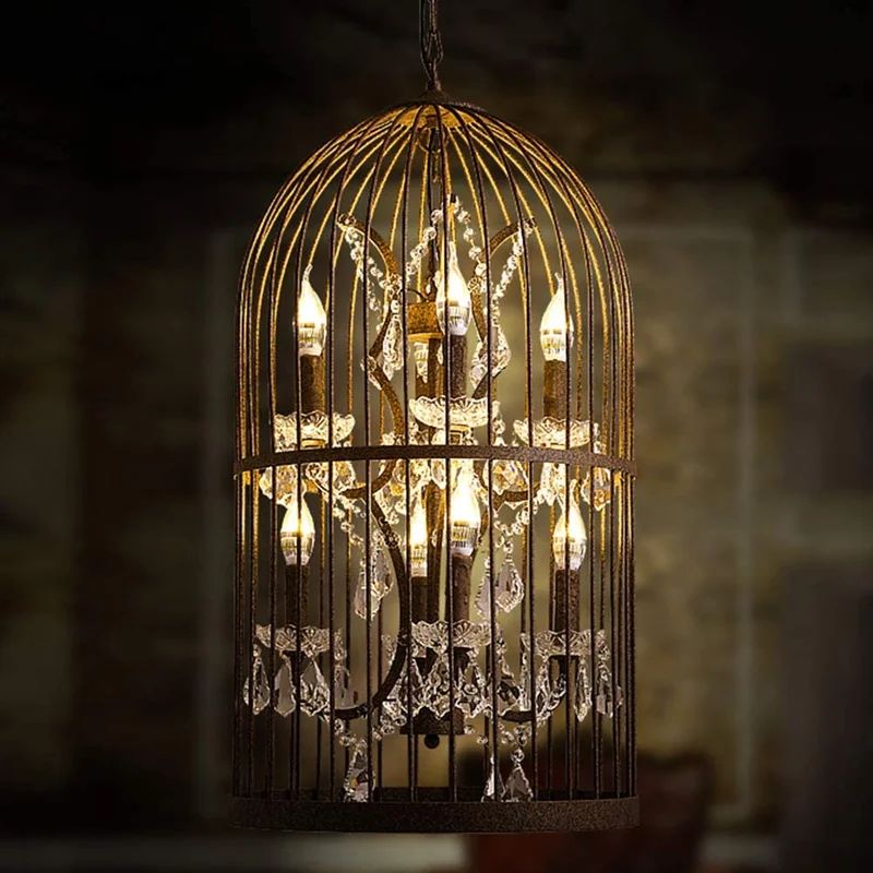 Metal Bird Cage Crystal Chandeliers, 8-Light Industrial Pendant Lighting Retro Rustic Ceiling Lam... | Wayfair Professional