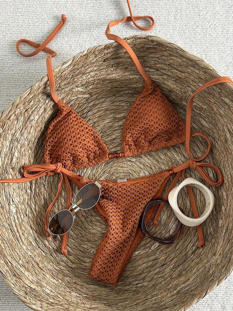Swim Mod Conjunto de bikini de halter con textura y cuentas para mujer, primavera/verano | SHEIN