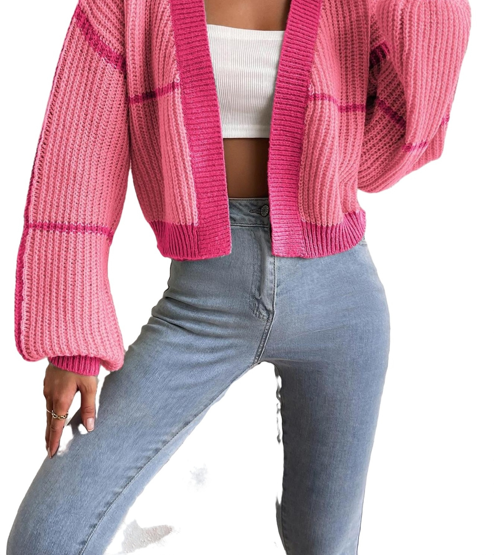 Casual Colorblock Long Sleeve Pink Women Cardigans (Women's) - Walmart.com | Walmart (US)