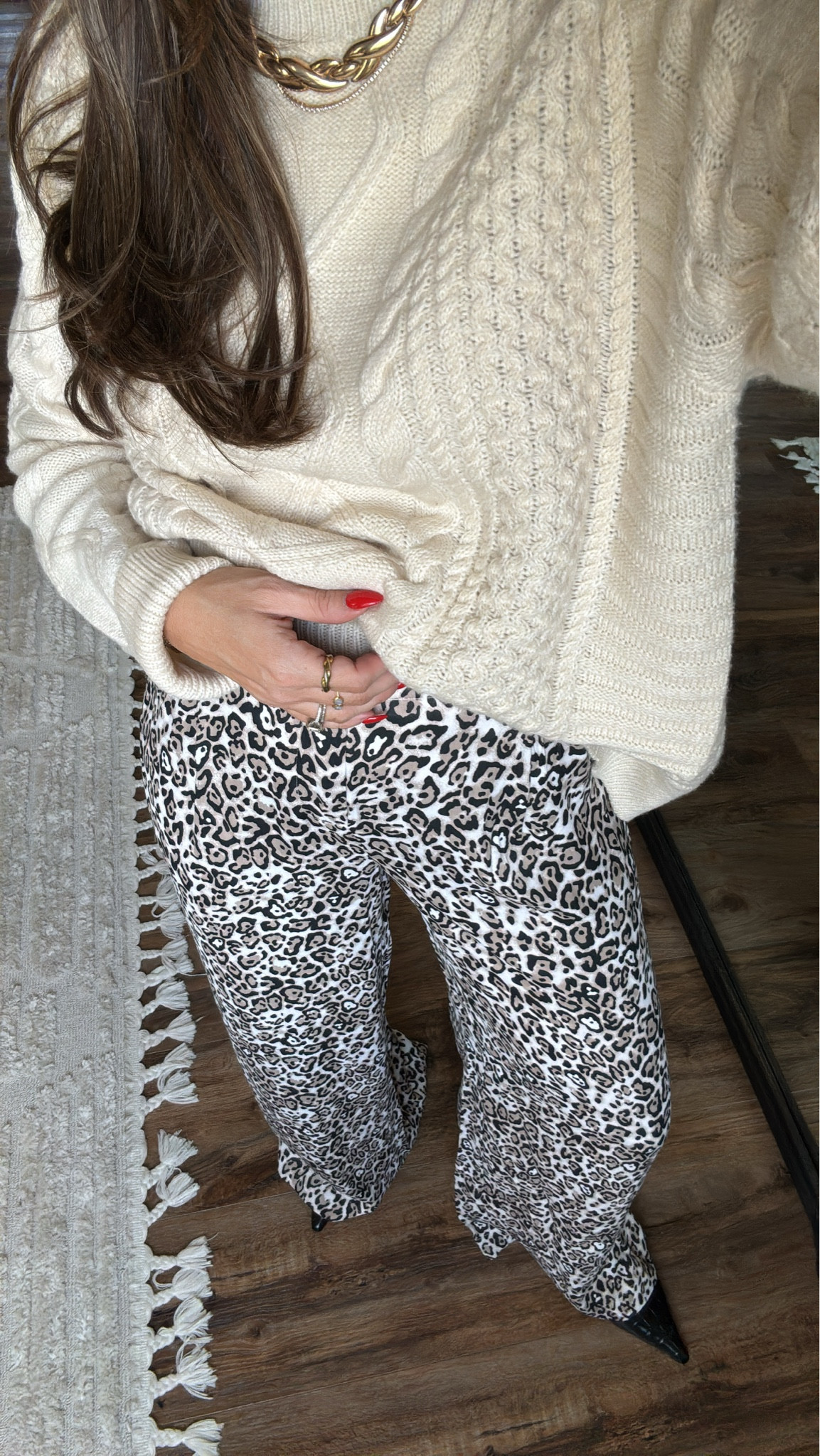 Easy holiday outfit! Or just for whenever you want to look chic but feel like you are wearing pjs! Amazon sweater and anthropologie leopard pants! In medium top XS pant 

#LTKCyberWeek #LTKSaleAlert #LTKHoliday