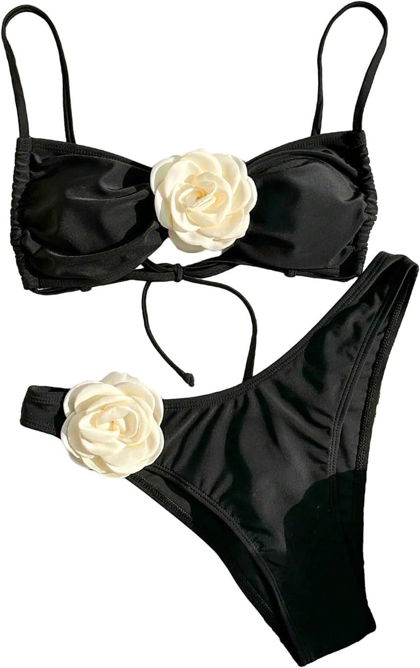BEAUDRM Women's 2 Piece 3D Flower Bikini Tie Side Triangle Set High Cut Bikini Swimsuit Bathing S... | Amazon (US)